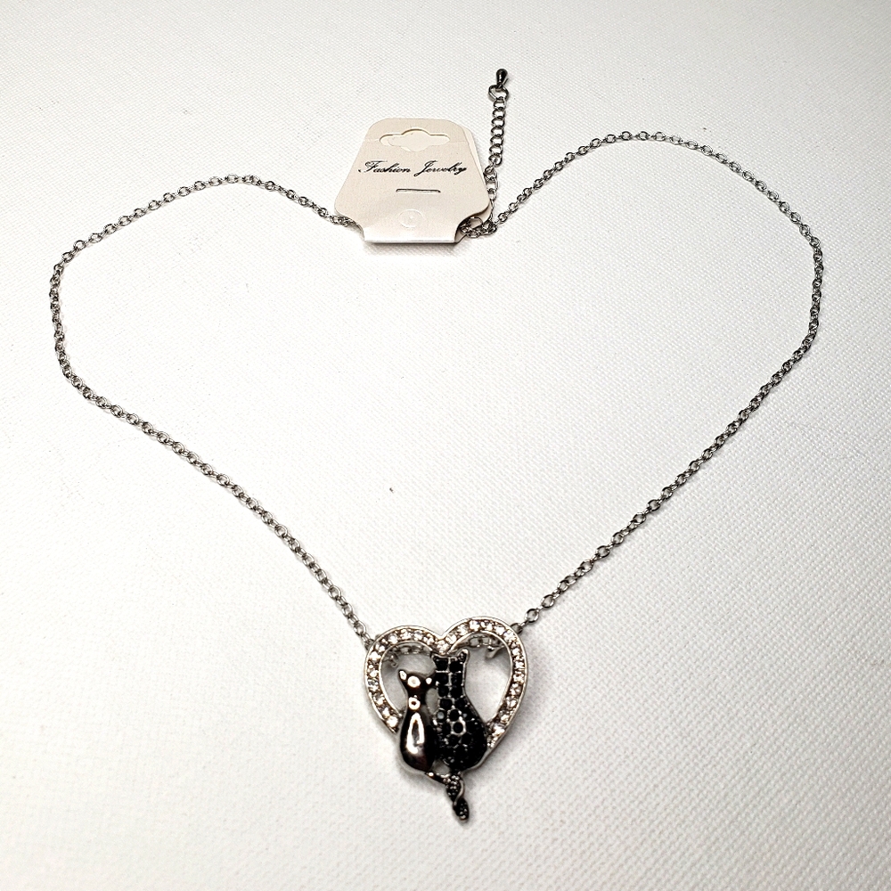 Cats in a Heart Necklace on a 16" Chain